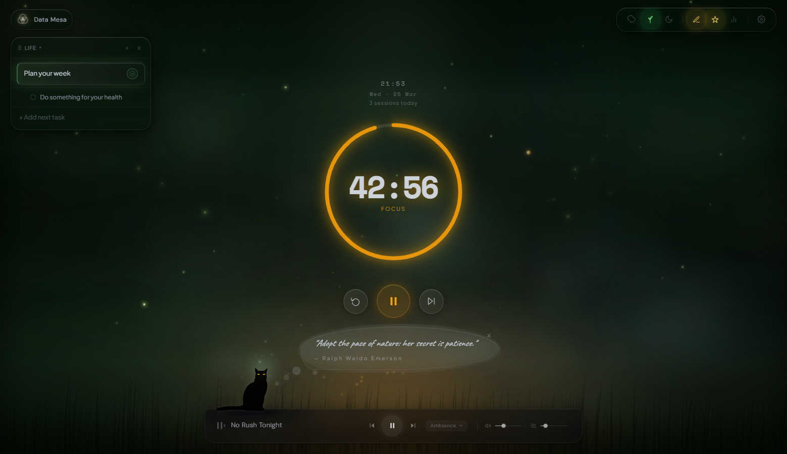 Data Mesa — focus timer, forest ambience, task queue, and reflective quote
