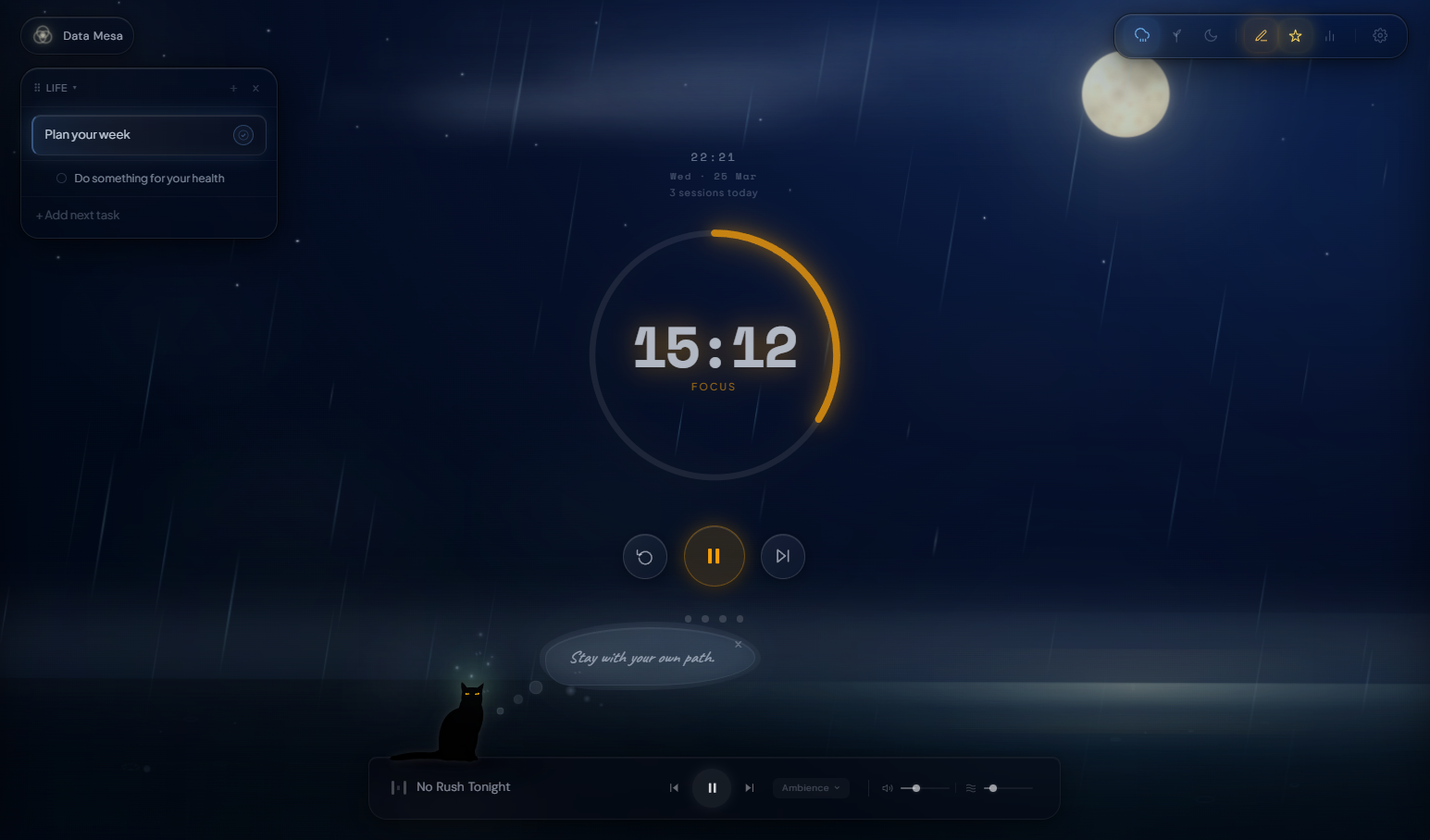 Data Mesa — focus session with night-rain scene and ambient controls